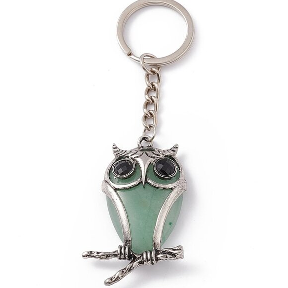 NWOT BIG Owl Natural Green Aventurine Pendant Keychain, Prosperity Stone - Picture 1 of 5